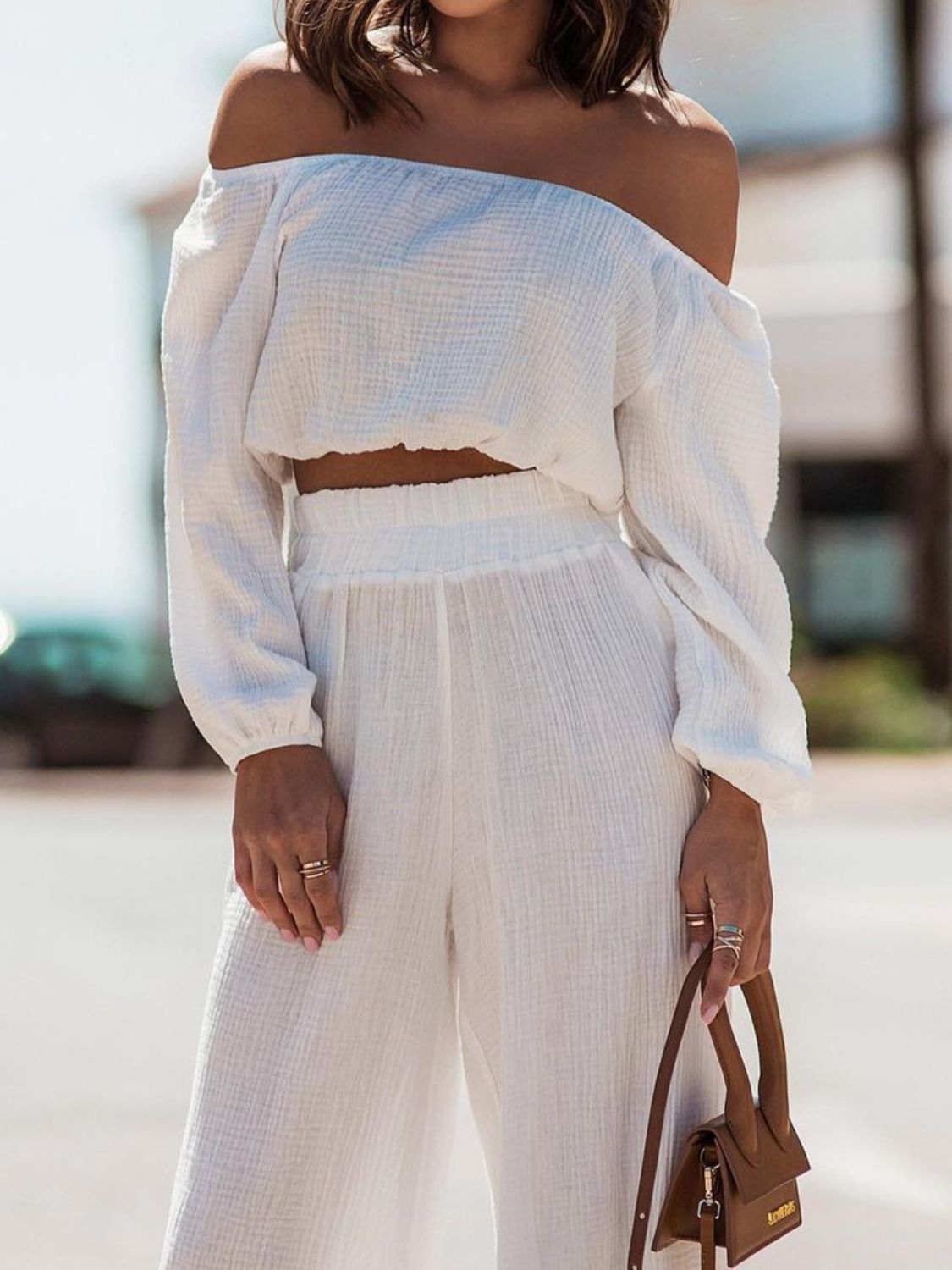 Off Shoulder Long Sleeve Crop Top and Pants Set