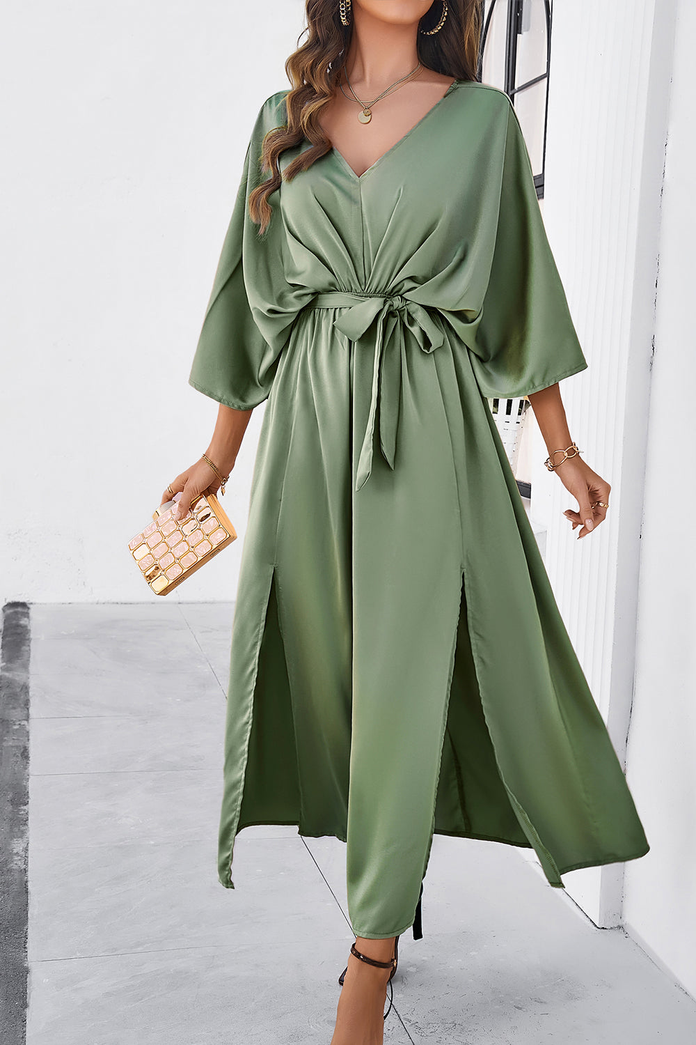 V-Neck Double Slit Belted Maxi Dress