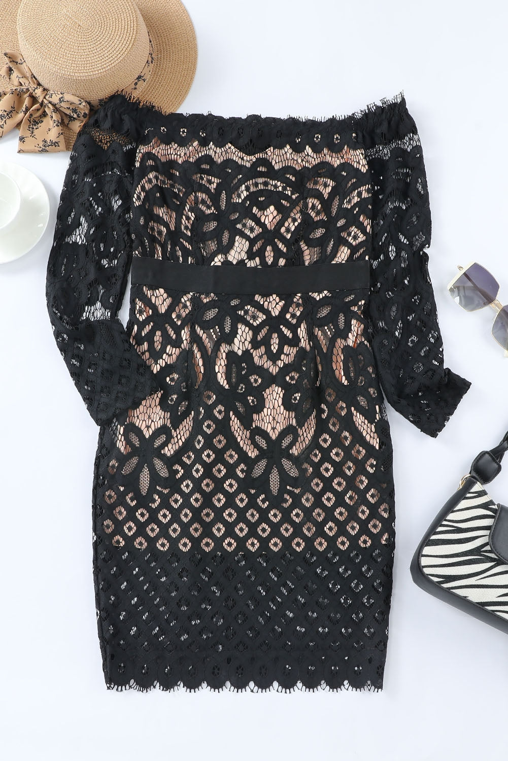 Off-Shoulder Long Sleeve Lace Midi Dress