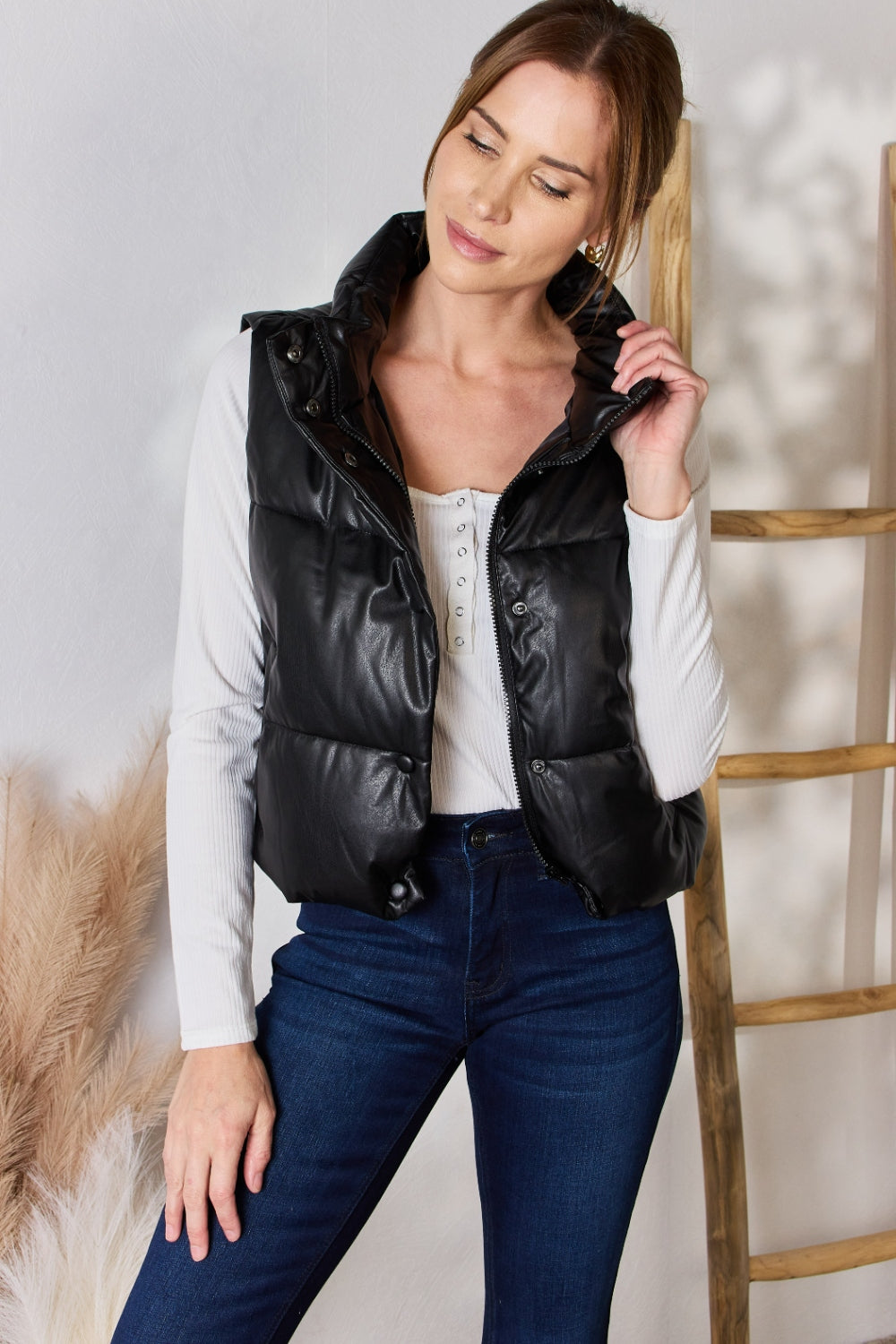 Love Tree Faux Leather Zip Closure Vest Coat