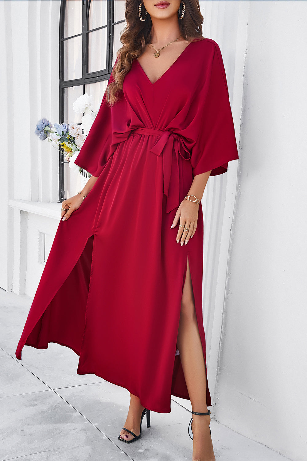 V-Neck Double Slit Belted Maxi Dress