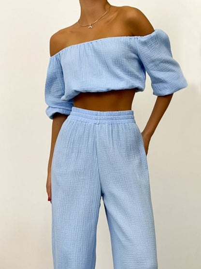 Off Shoulder Long Sleeve Crop Top and Pants Set