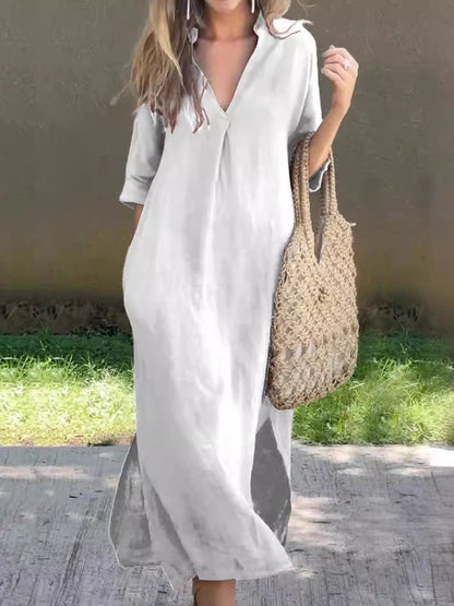 V-Neck Notched Half Sleeve Maxi Dress