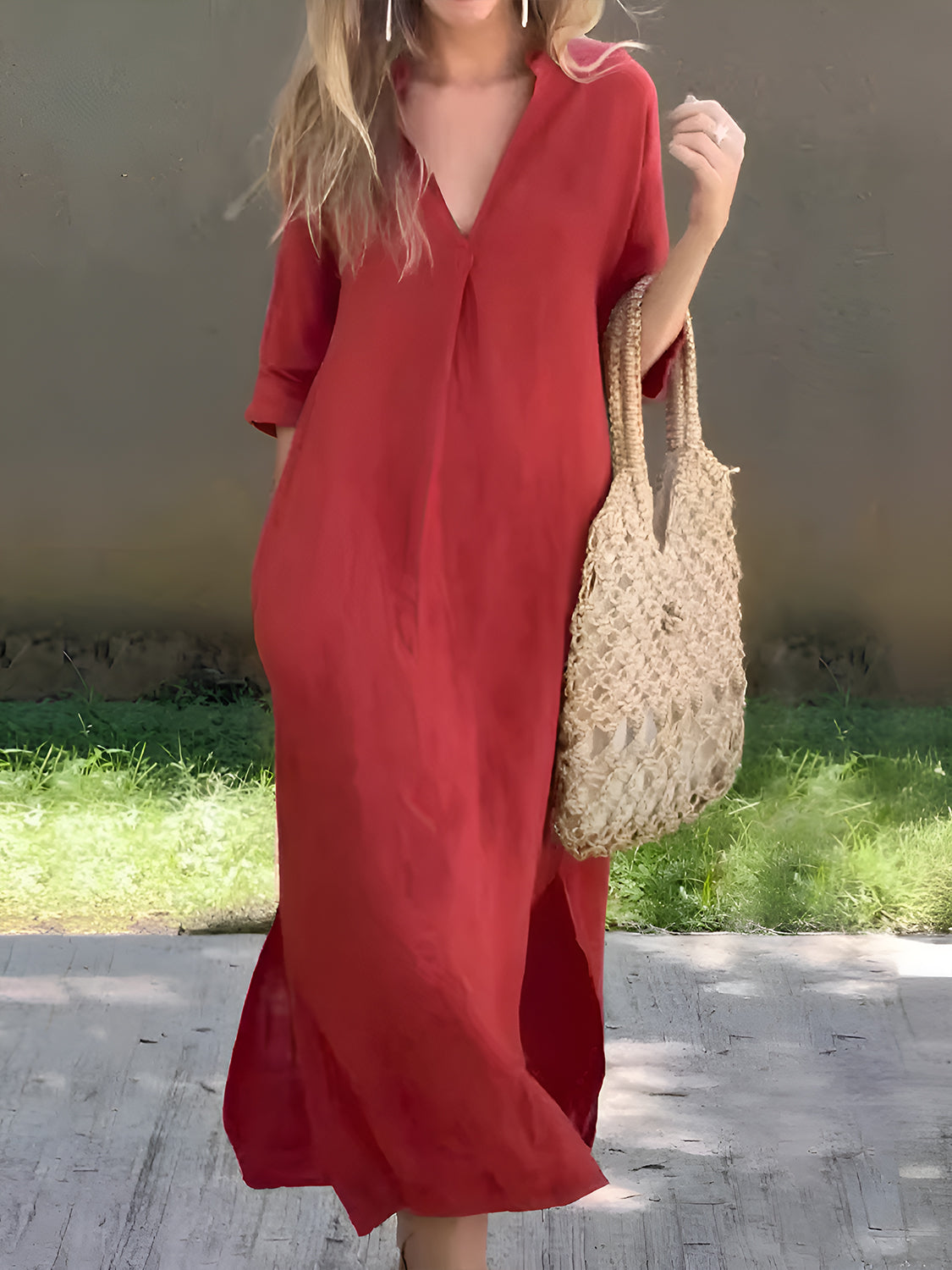 V-Neck Notched Half Sleeve Maxi Dress