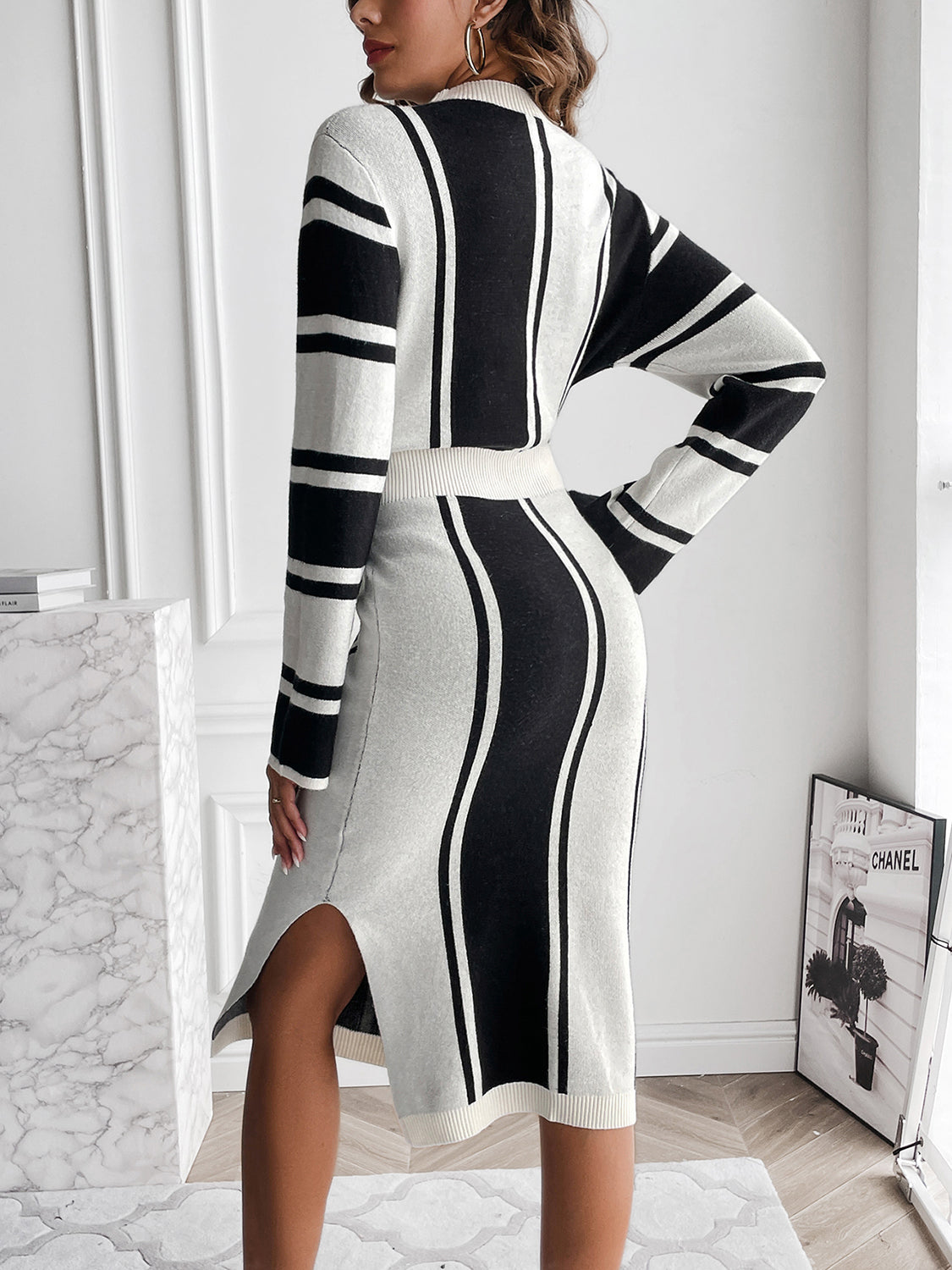 Slit Striped Mock Neck Midi Sweater Dress