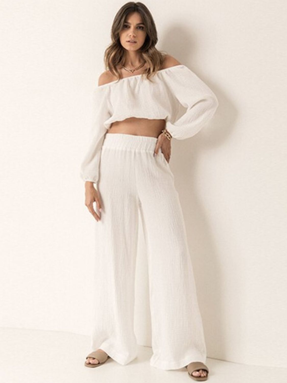 Off Shoulder Long Sleeve Crop Top and Pants Set