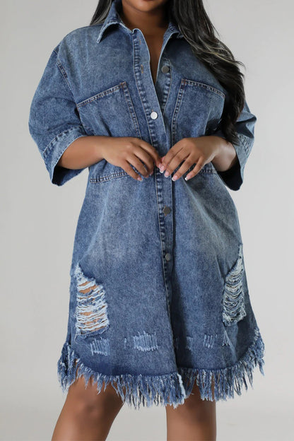 Distressed Raw Hem Button Up Denim Midi Dress