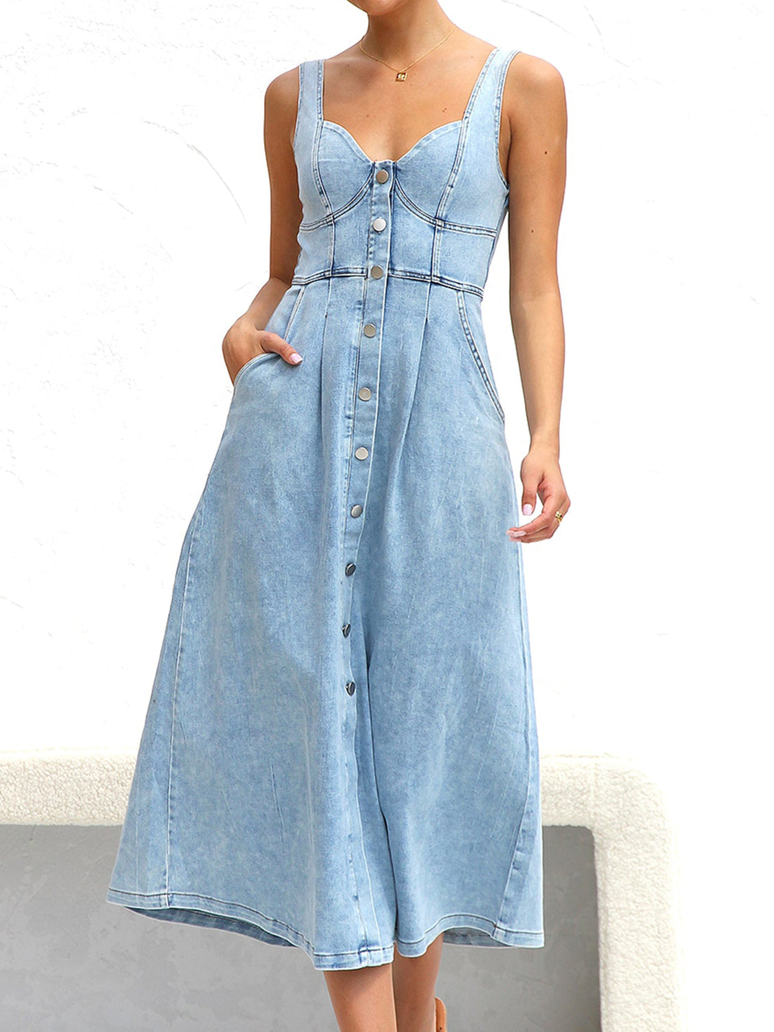 Sweetheart Neck Wide Strap Denim Midi Dress