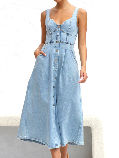 Sweetheart Neck Wide Strap Denim Midi Dress