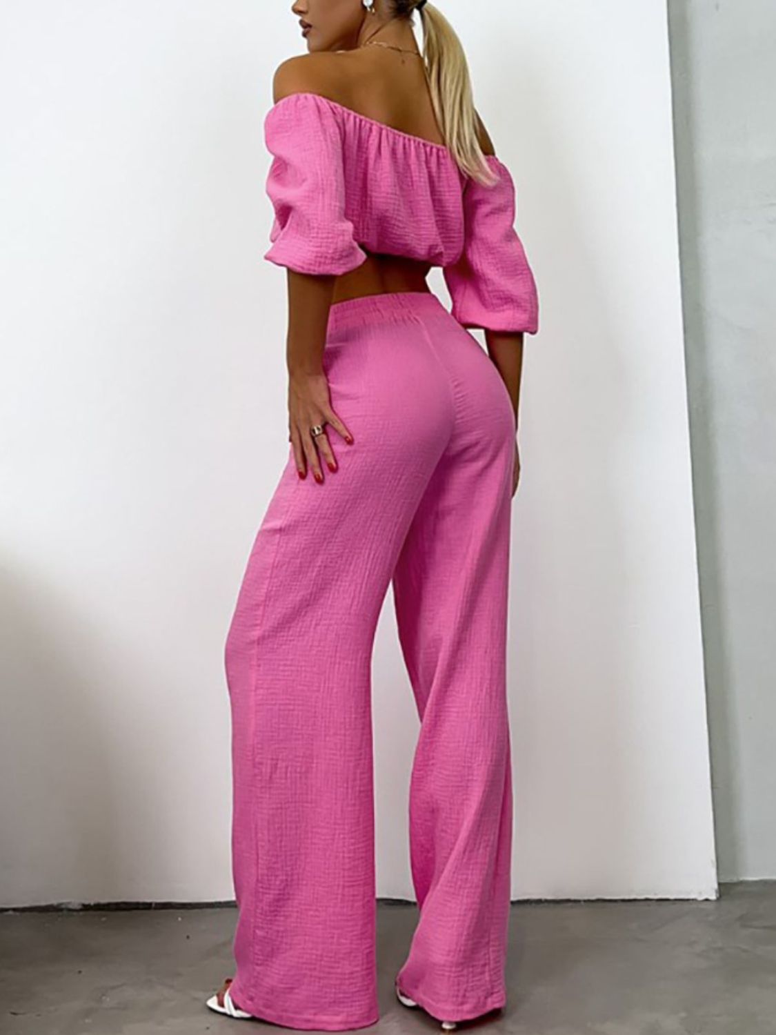 Off Shoulder Long Sleeve Crop Top and Pants Set