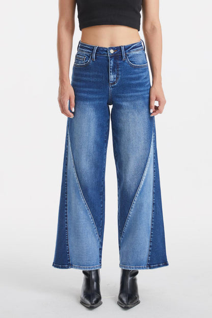 High Waist Two-Tone Patch Wide Leg Jeans (0-22W)