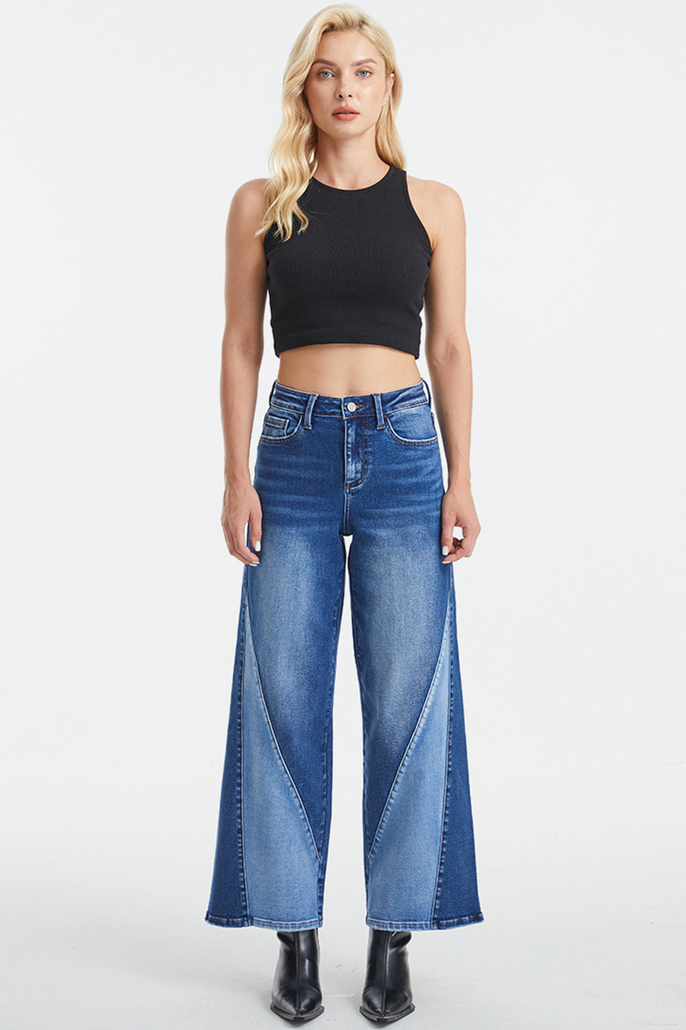 High Waist Two-Tone Patch Wide Leg Jeans (0-22W)