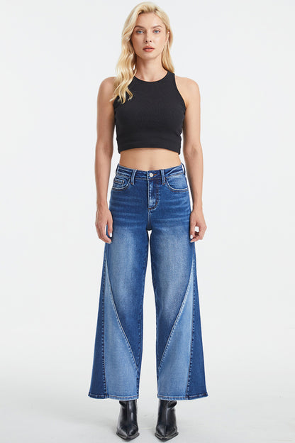 High Waist Two-Tone Patch Wide Leg Jeans (0-22W)