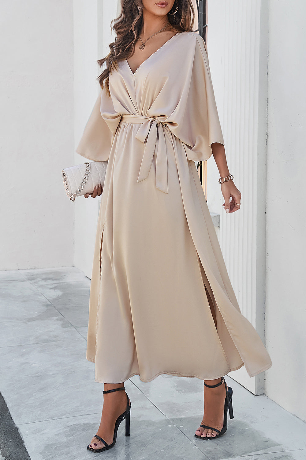 V-Neck Double Slit Belted Maxi Dress