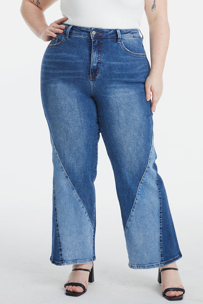 High Waist Two-Tone Patch Wide Leg Jeans (0-22W)