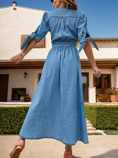 Plunge Button Up Half Sleeve Denim Maxi Dress