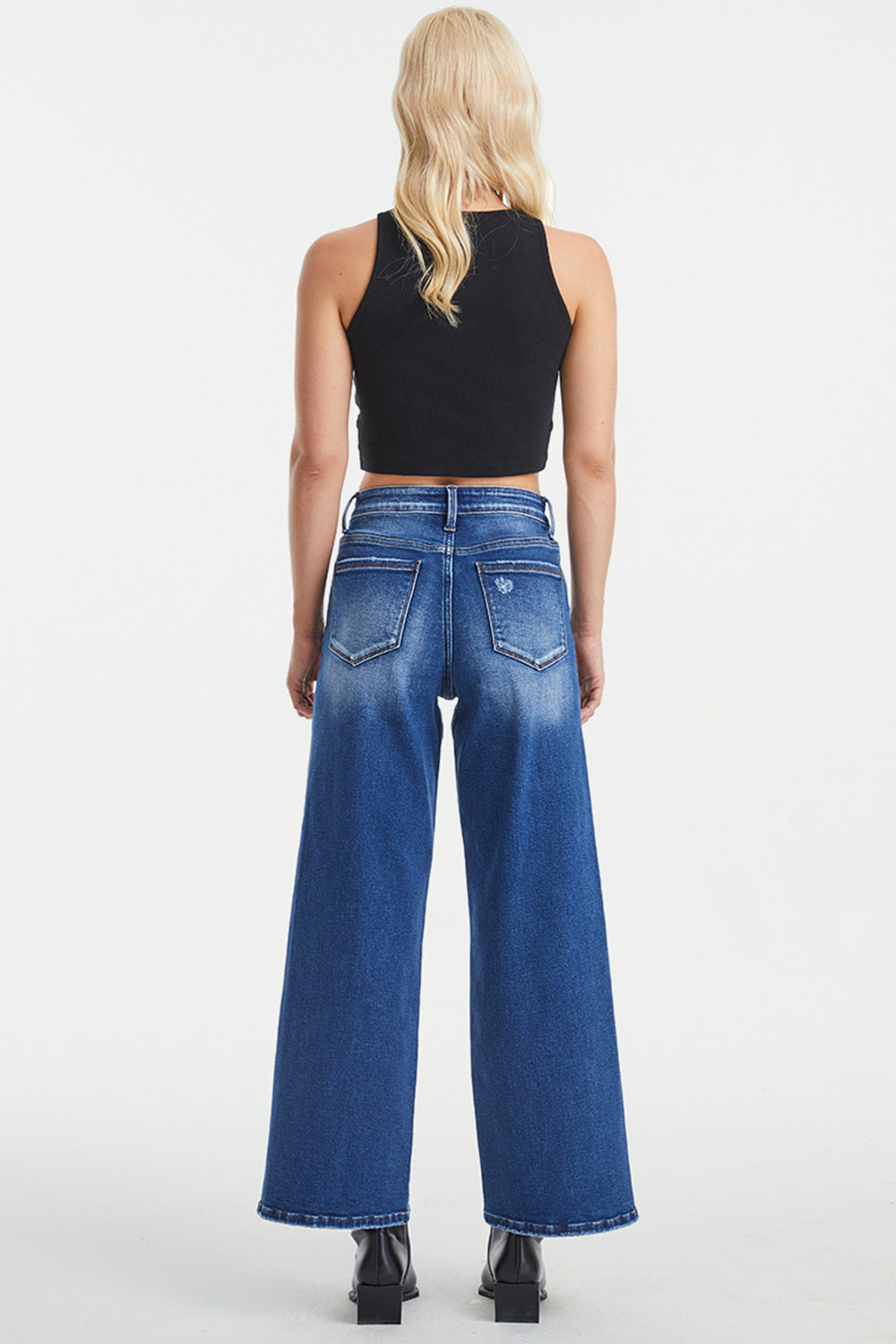 High Waist Two-Tone Patch Wide Leg Jeans (0-22W)