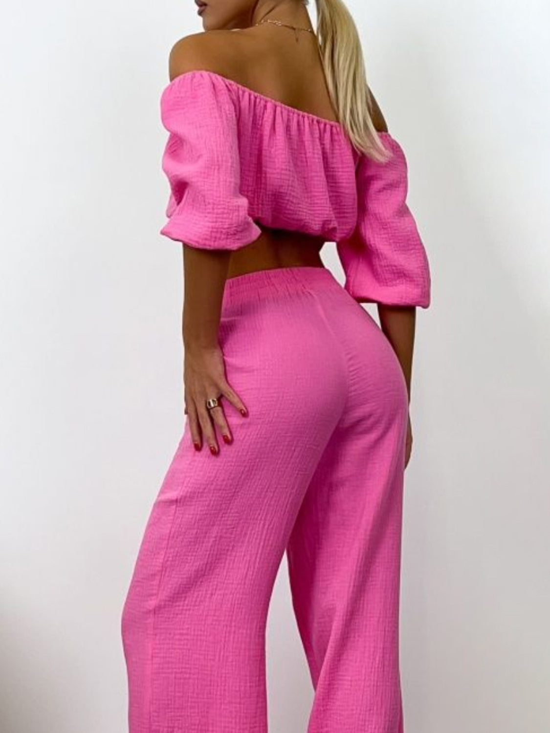 Off Shoulder Long Sleeve Crop Top and Pants Set