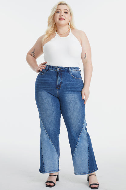 High Waist Two-Tone Patch Wide Leg Jeans (0-22W)