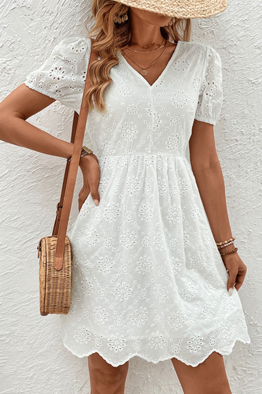 White Tied V-Neck Short Sleeve Mini Dress