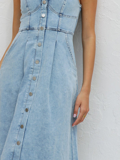 Sweetheart Neck Wide Strap Denim Midi Dress