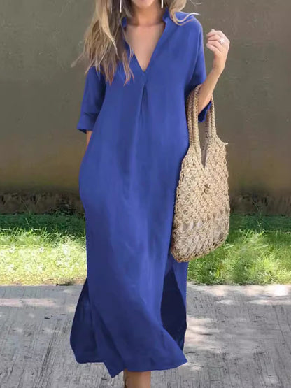 V-Neck Notched Half Sleeve Maxi Dress