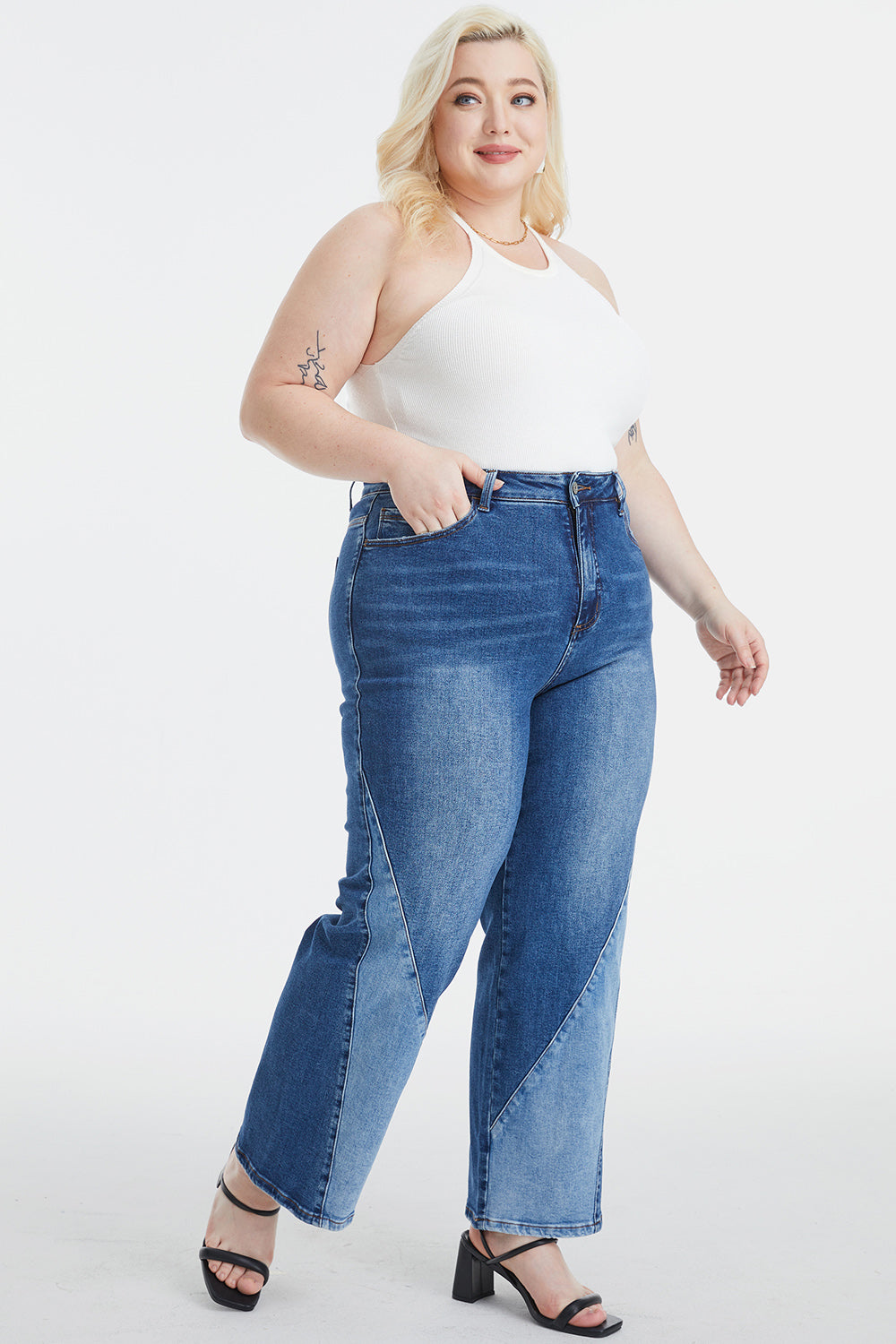 High Waist Two-Tone Patch Wide Leg Jeans (0-22W)