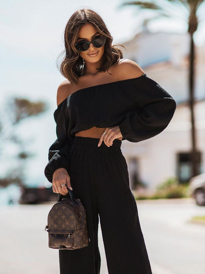 Off Shoulder Long Sleeve Crop Top and Pants Set