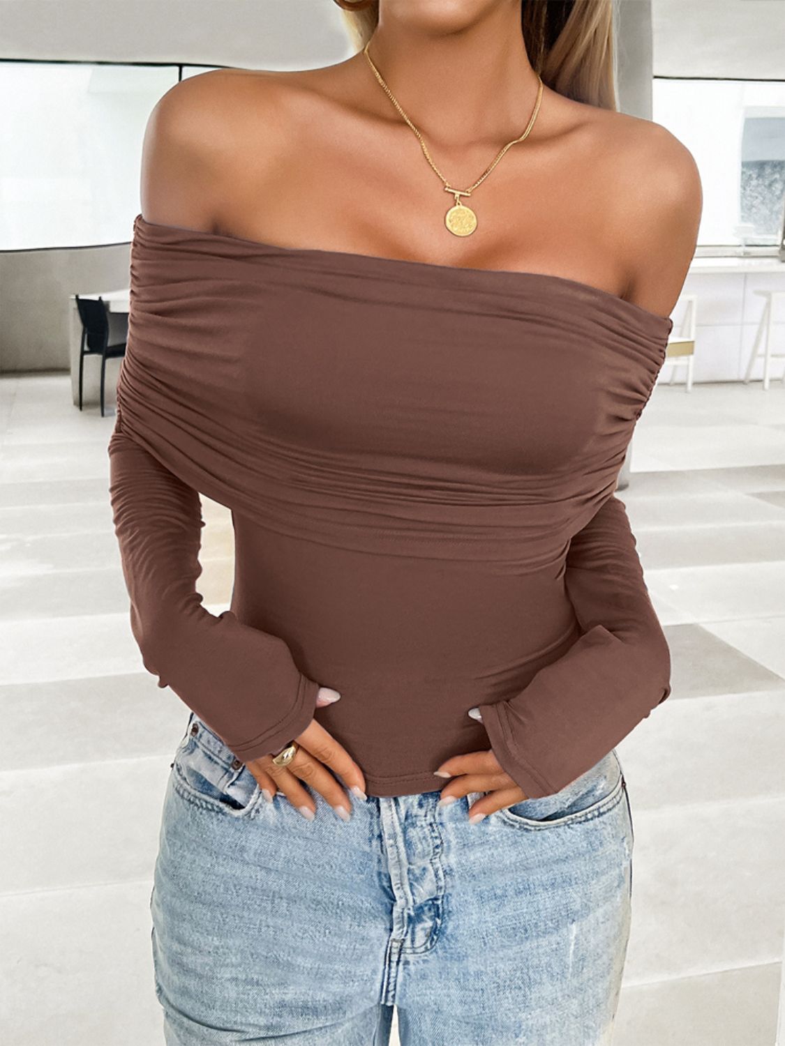 Ruched Off-Shoulder Long Sleeve Shirt