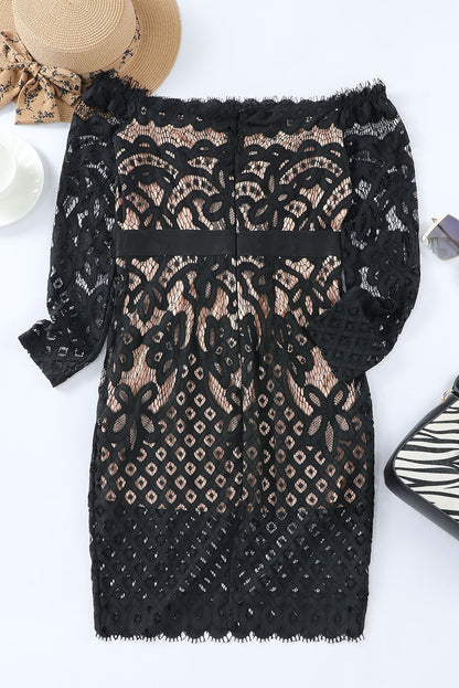 Off-Shoulder Long Sleeve Lace Midi Dress