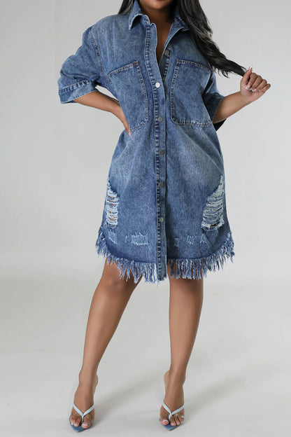 Distressed Raw Hem Button Up Denim Midi Dress