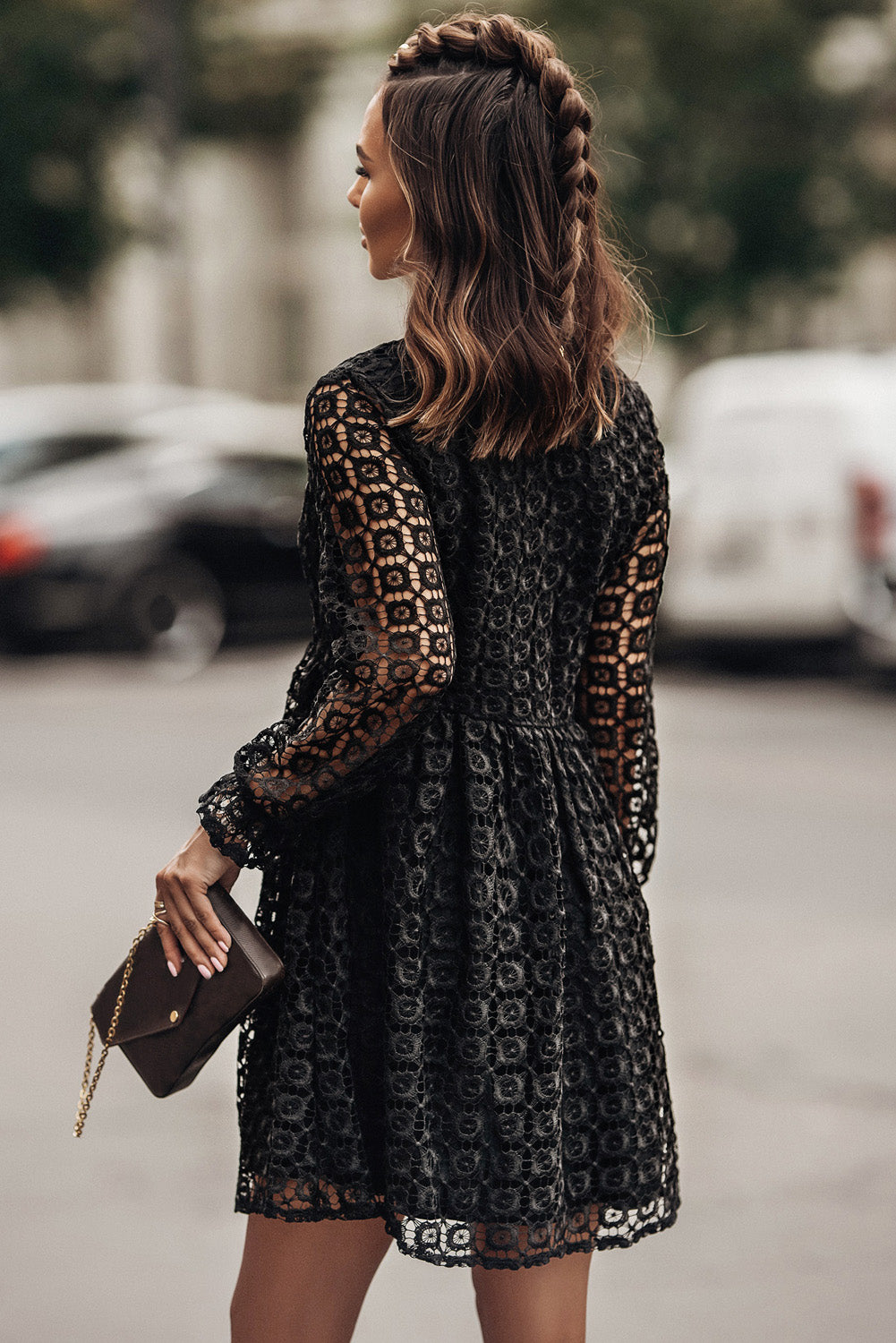 Black Buttoned Empire Waist Crochet Lace Overlay Mini Dress