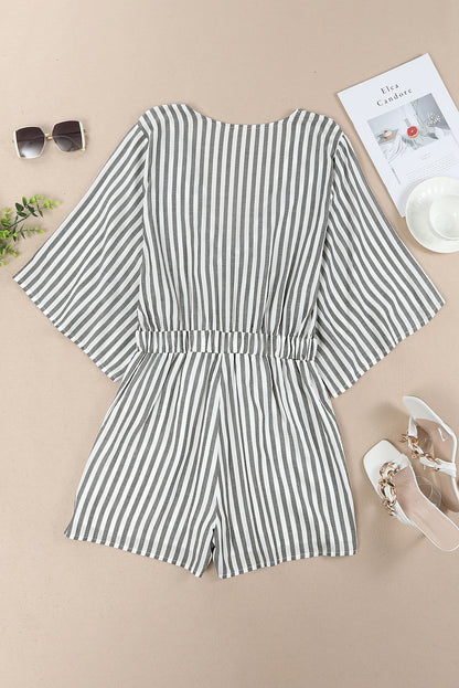 Tied Striped Three-Quarter Sleeve Romper