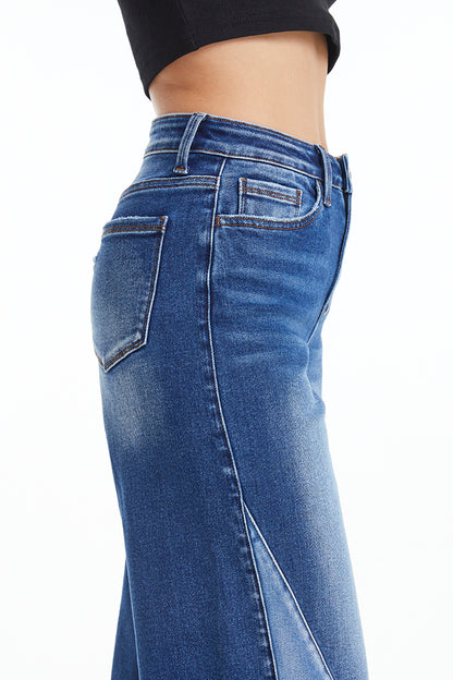 High Waist Two-Tone Patch Wide Leg Jeans (0-22W)