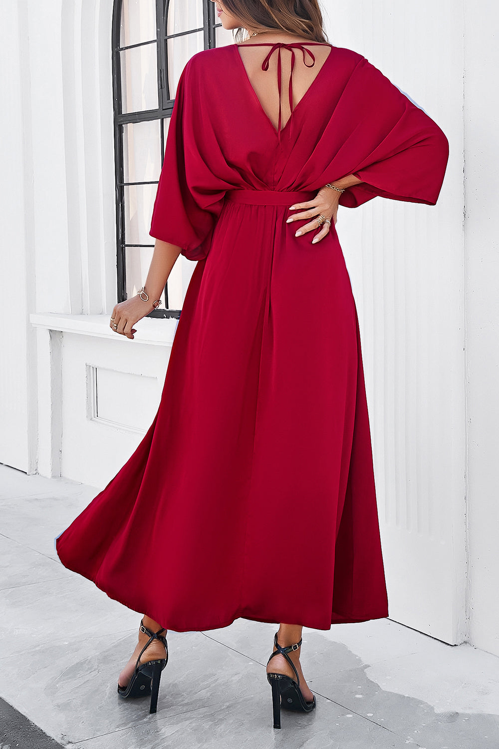 V-Neck Double Slit Belted Maxi Dress