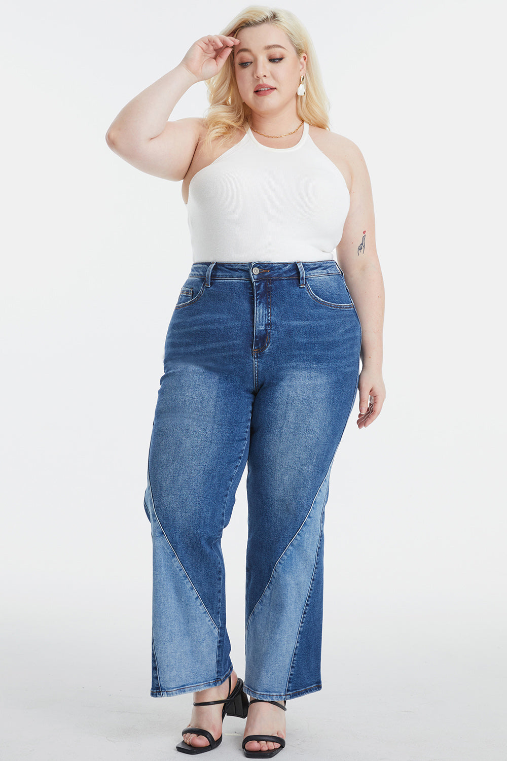 High Waist Two-Tone Patch Wide Leg Jeans (0-22W)