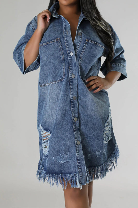 Distressed Raw Hem Button Up Denim Midi Dress