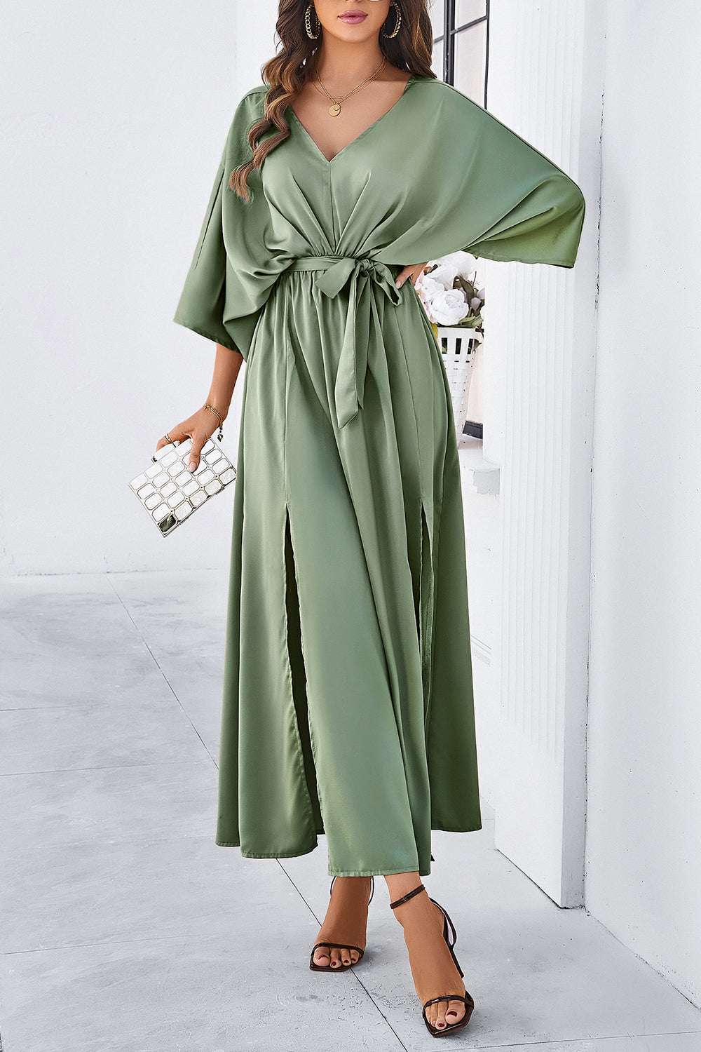 V-Neck Double Slit Belted Maxi Dress