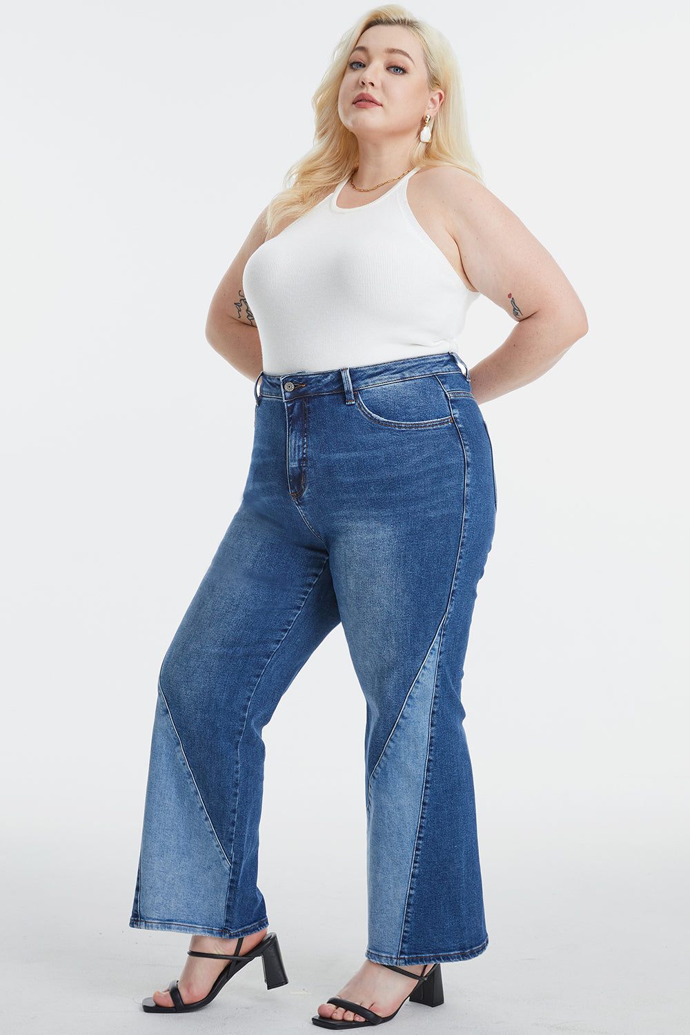 High Waist Two-Tone Patch Wide Leg Jeans (0-22W)