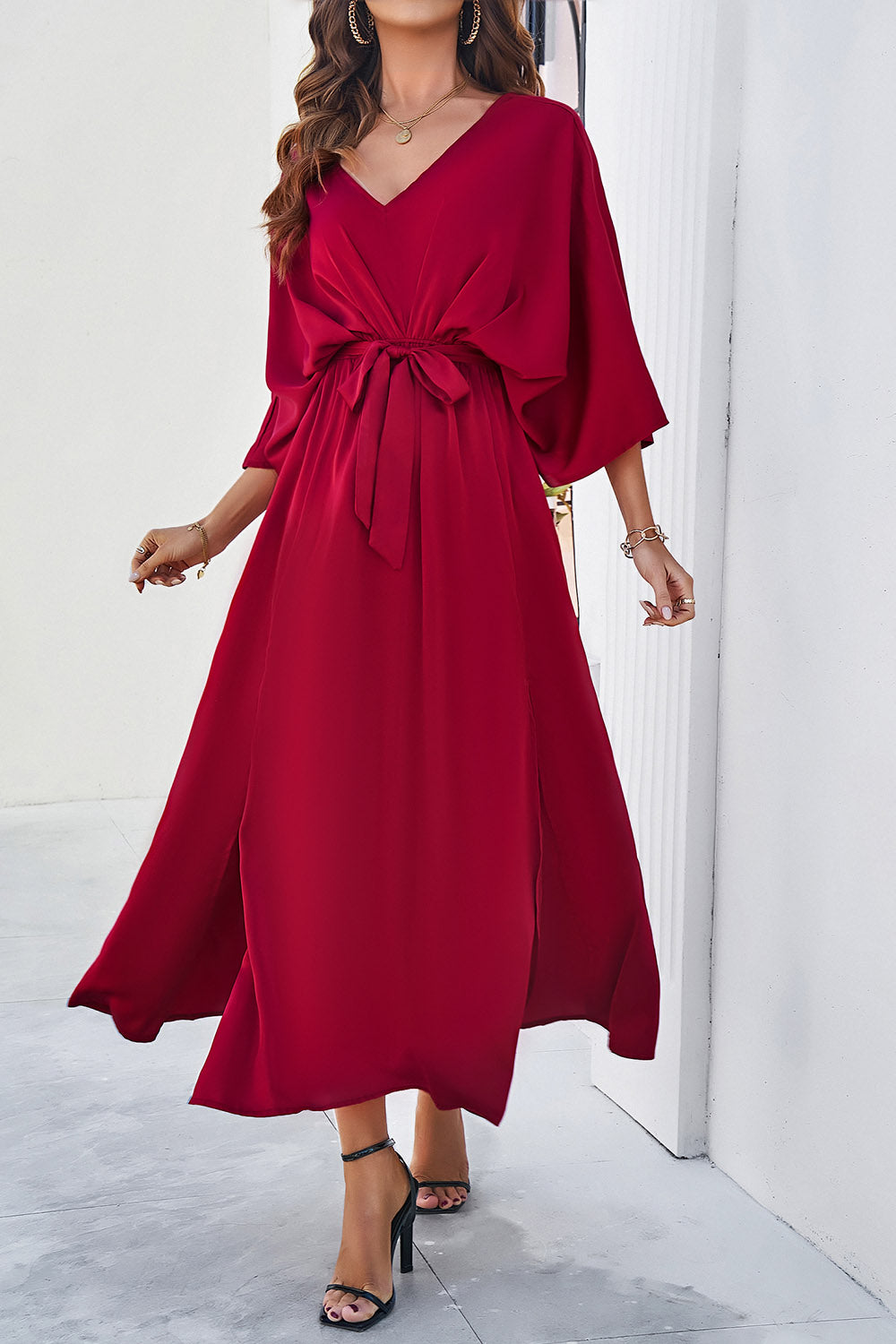 V-Neck Double Slit Belted Maxi Dress