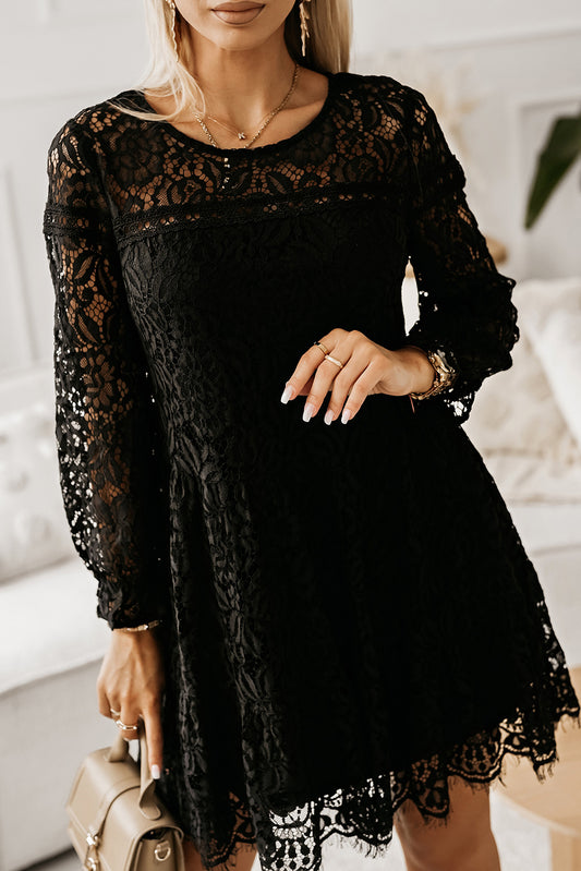 Black Lace Detail Round Neck Mini Dress