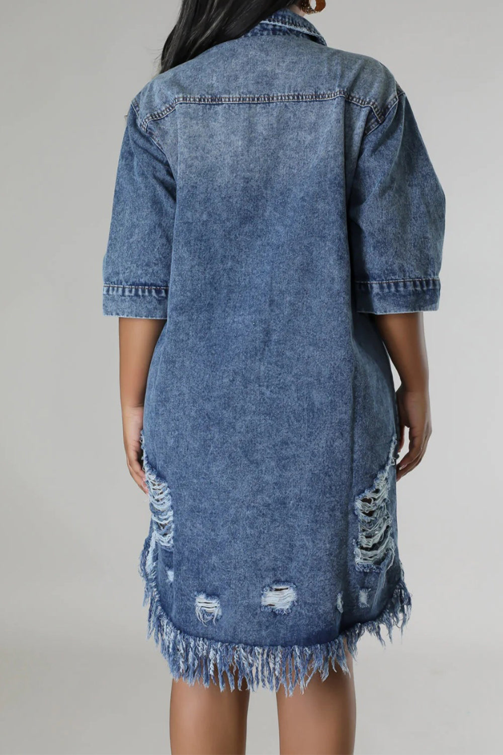 Distressed Raw Hem Button Up Denim Midi Dress