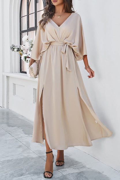 V-Neck Double Slit Belted Maxi Dress