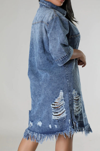 Distressed Raw Hem Button Up Denim Midi Dress