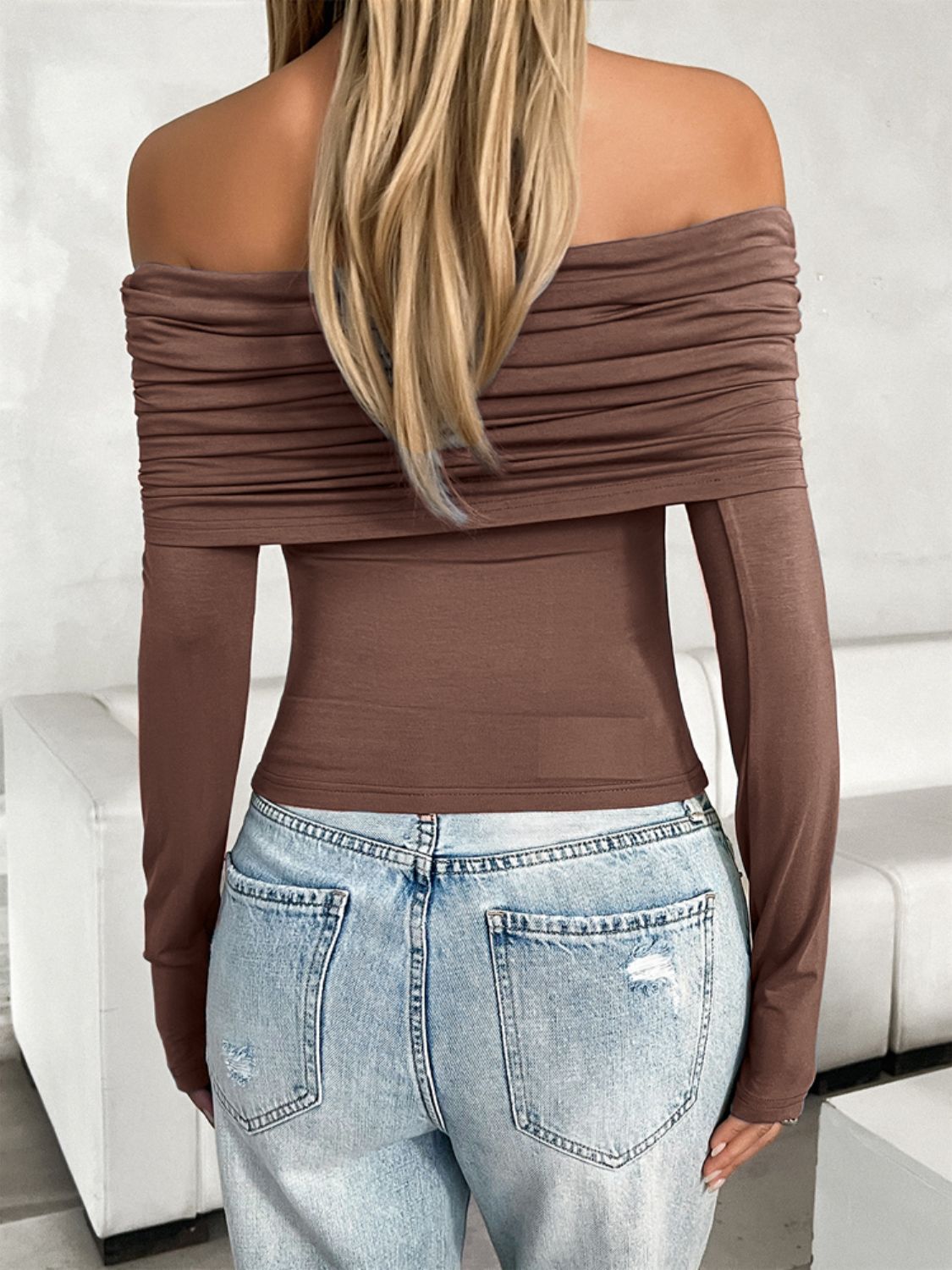 Ruched Off-Shoulder Long Sleeve Shirt