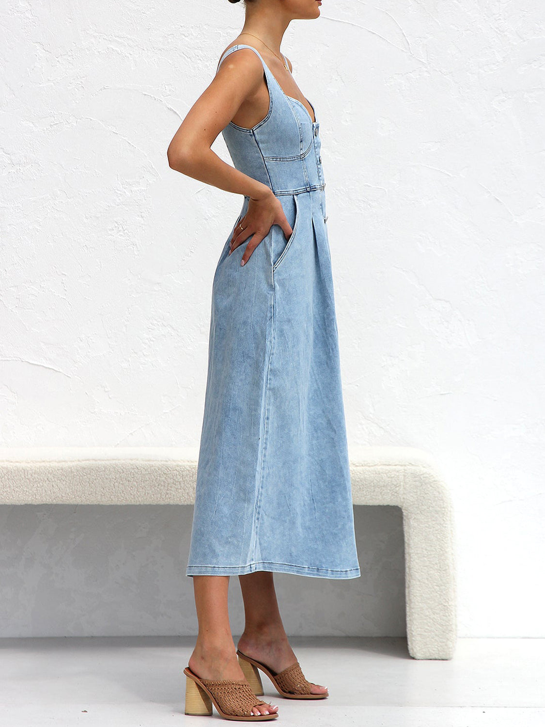 Sweetheart Neck Wide Strap Denim Midi Dress