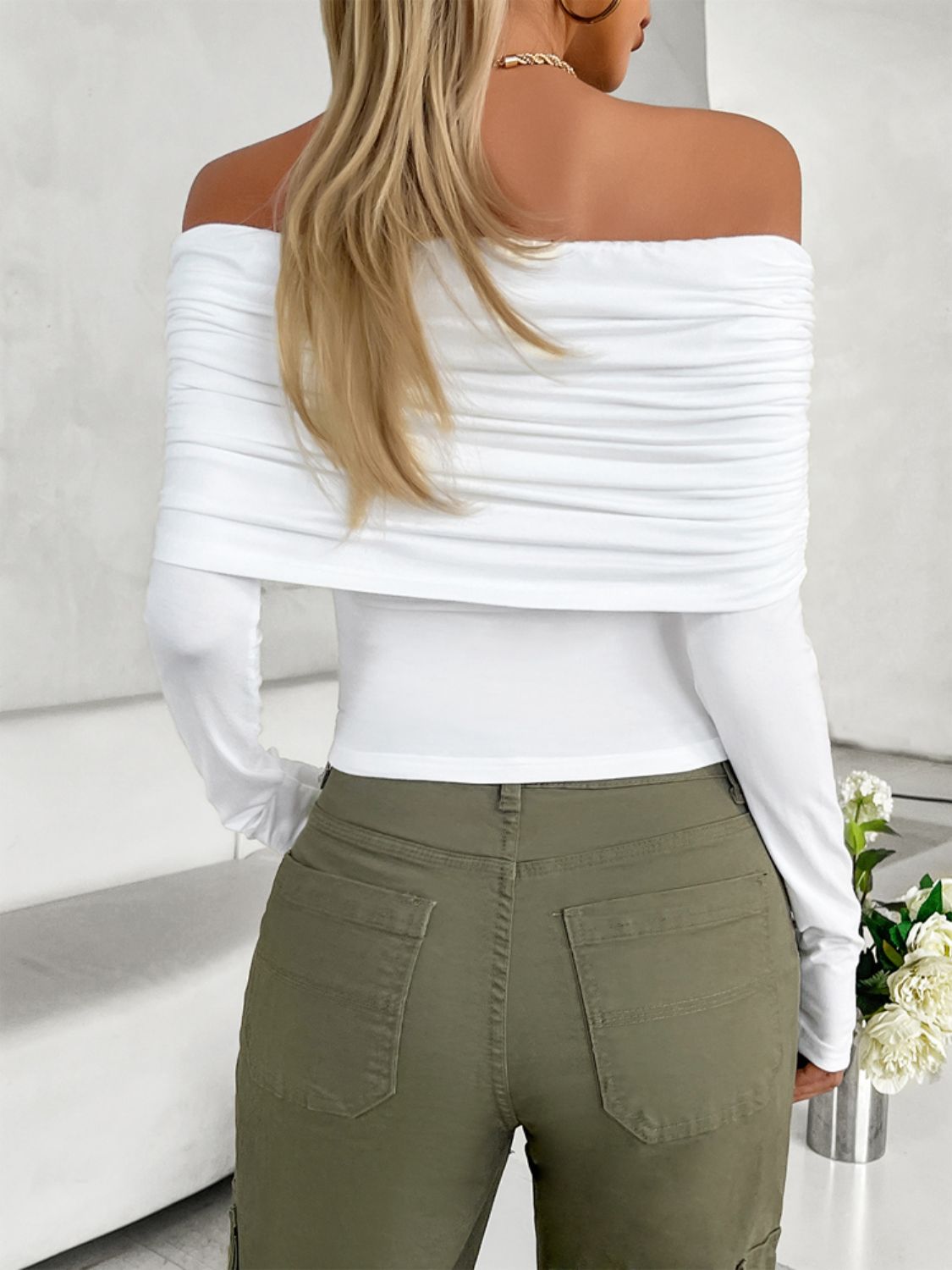 Ruched Off-Shoulder Long Sleeve Shirt