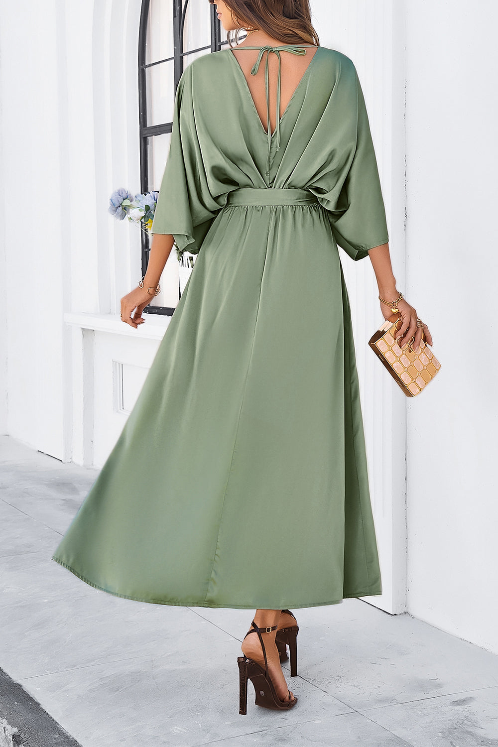 V-Neck Double Slit Belted Maxi Dress