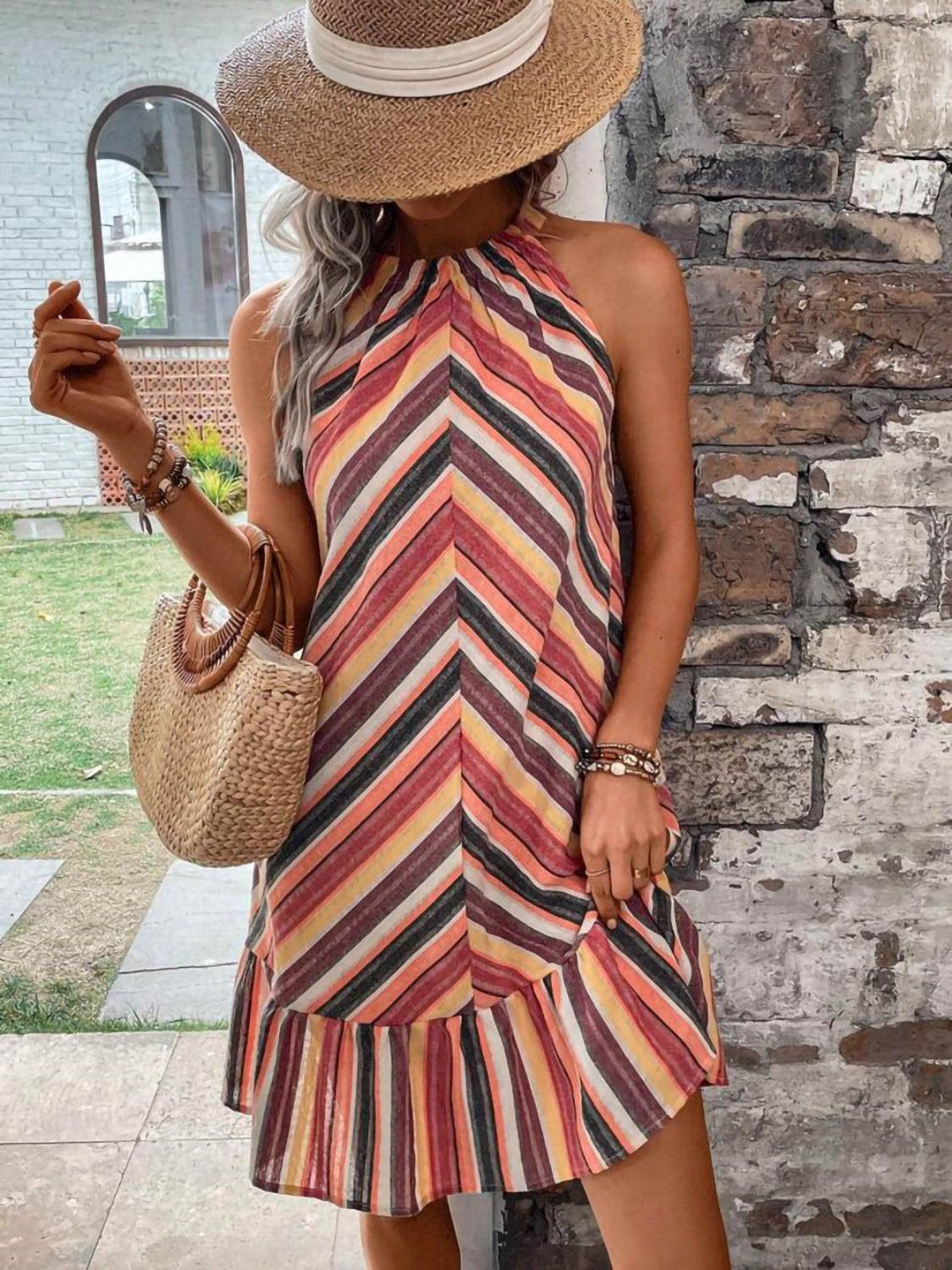 Striped Grecian Neck Midi Dress