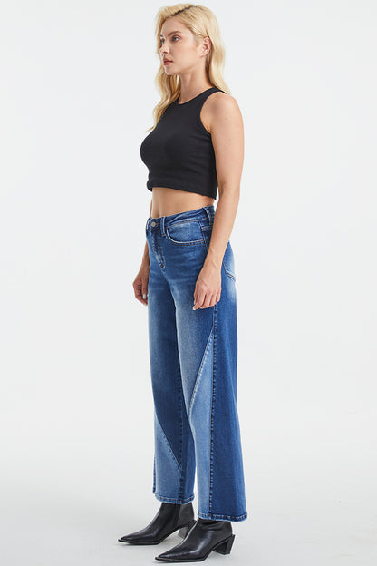 High Waist Two-Tone Patch Wide Leg Jeans (0-22W)